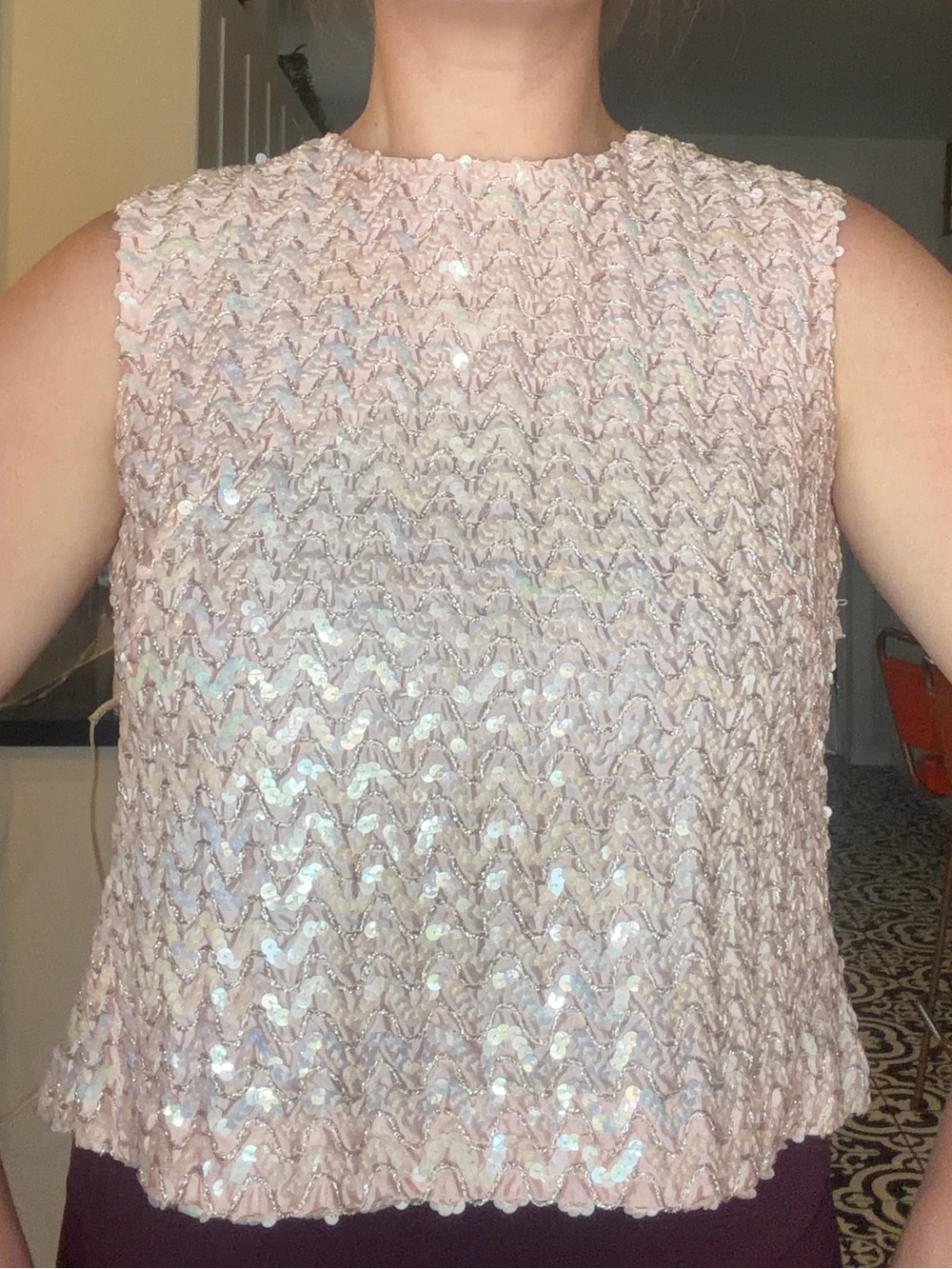 Vintage 70s Pink Sequin Zigzag button closure sleeveless Top - Picture 14 of 16